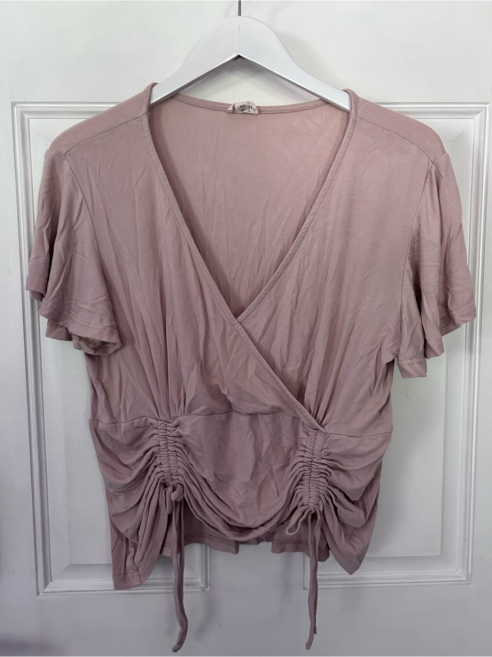 POL Dusty Rose Ruched Drawstring Wrap Short Sleeve Top